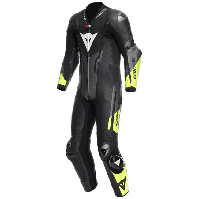 Dainese Misano 3 D-AIR® Einteiler Lederkombi – Perforierter Airbag Rennanzug | Herren | Schwarz/Neon Gelb